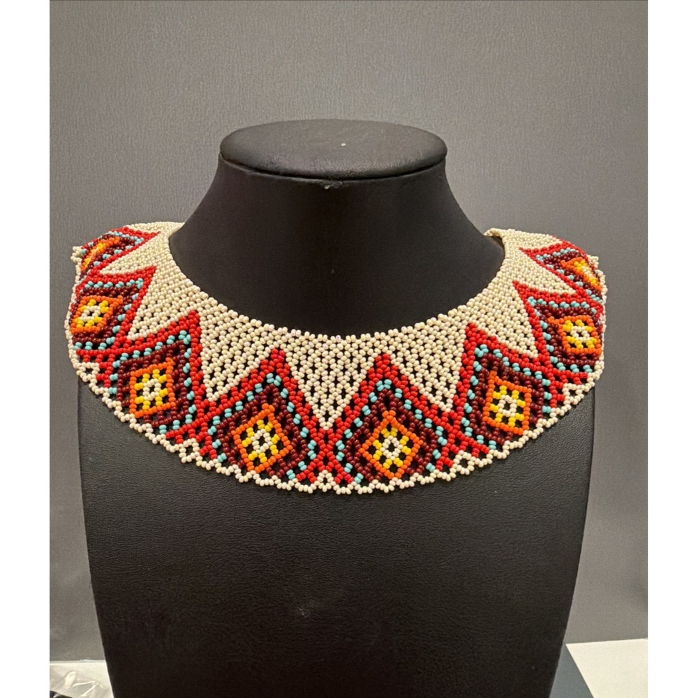 Handmade Seed Bead Collar Necklace Woven Chevron Diamond Bib Red Cream Blue